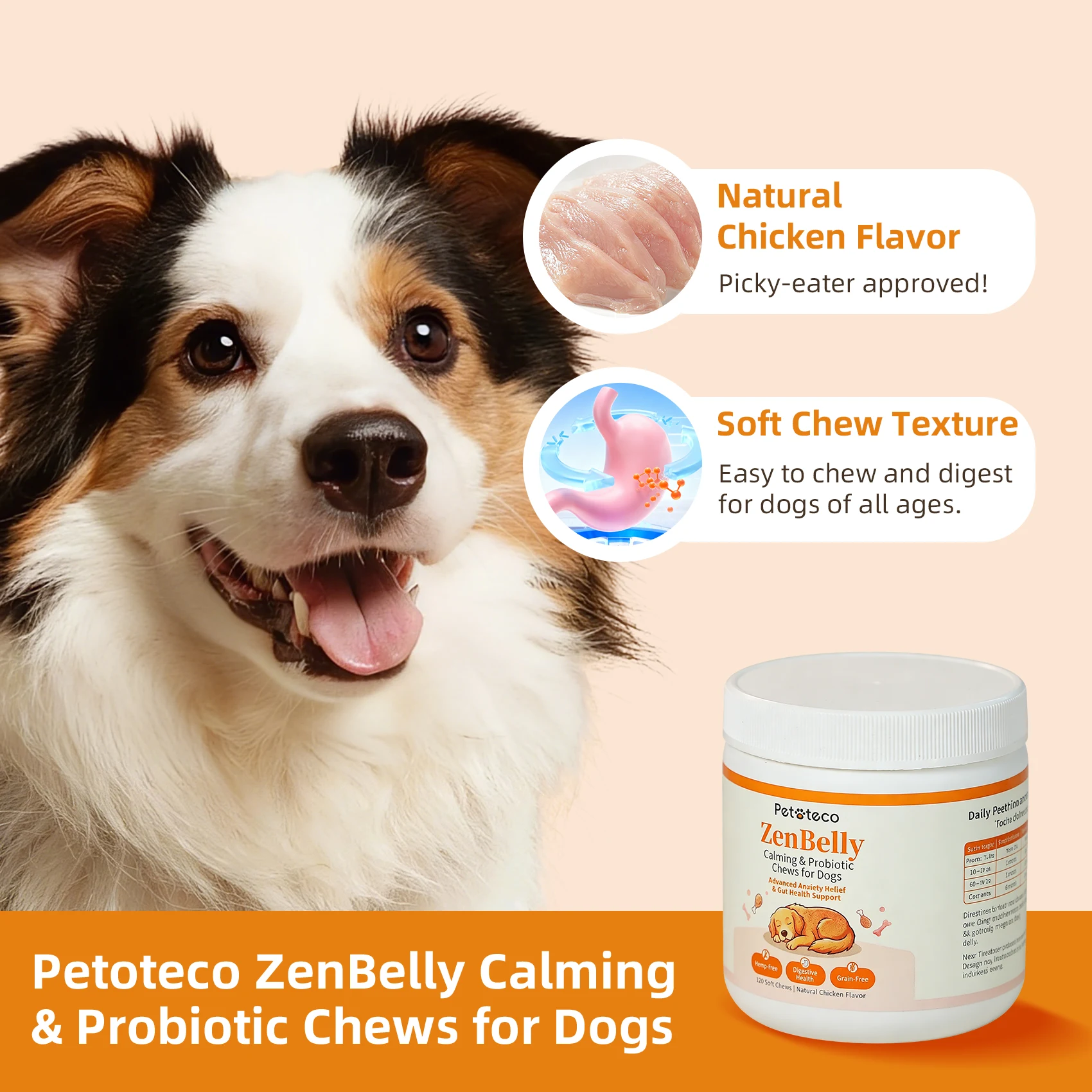 Natural chicken flavor – soft chew texture